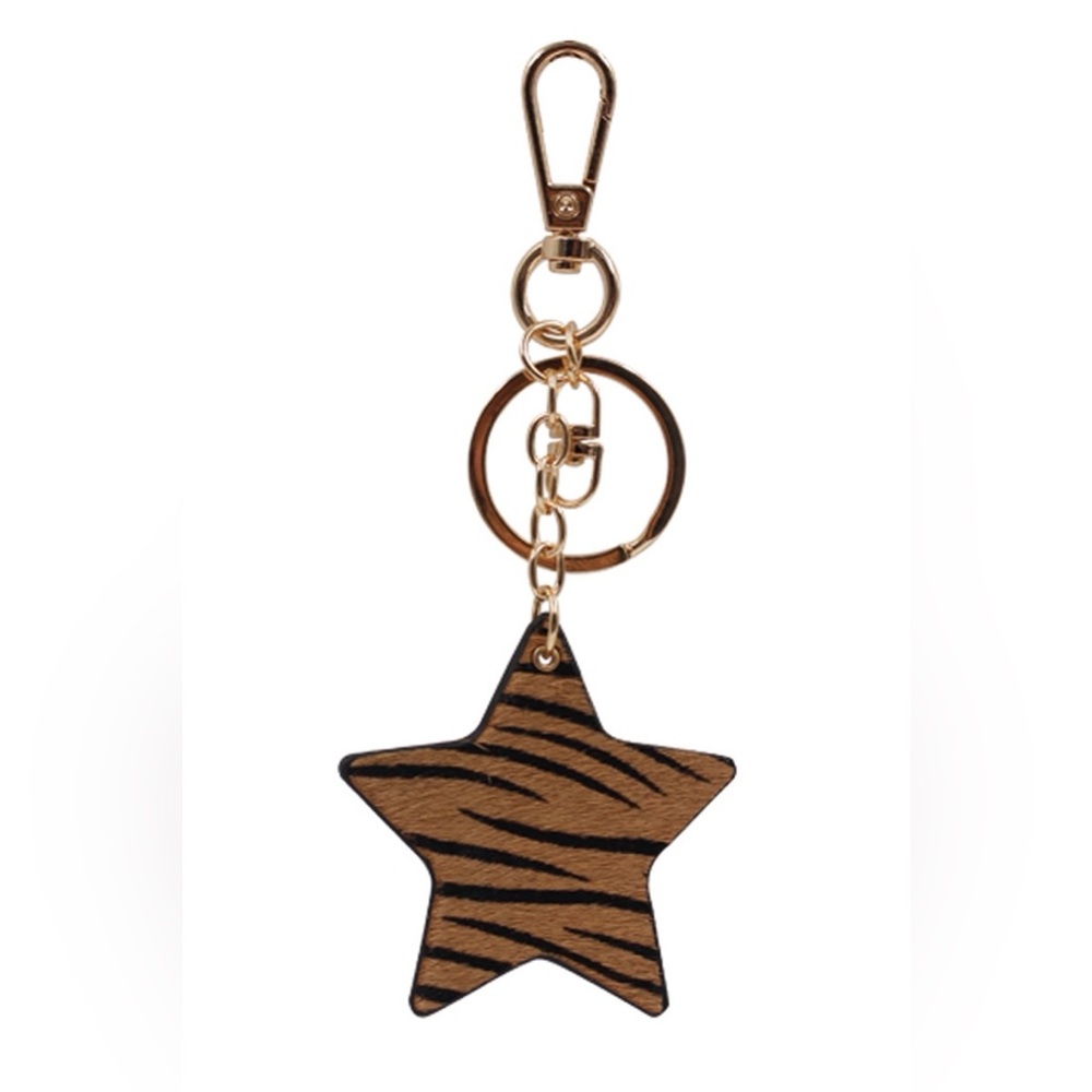 Double Sided Star Shaped Animal Print  Genuine Leather Keychain
